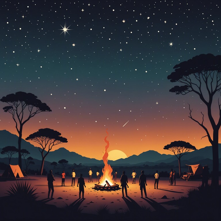 A profound sonic journey through the heart of a vibrant, pulsating african night, enriched by the deep, resonant beats that echo the age old traditions and the spirit of the continent. Rich textures and rhythmic patterns form an auditory tapestry that connects deeply with the roots of tribal music.