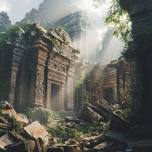 This piece imagines auditory whispers echoing within ancient, abandoned temple ruins where history's breath lingers in the air. A haunting, yet intimate vocal chant carries the soul of the past, invoking contemplation and reverence amidst the atmosphere of sacred solitude. The sound mirrors the grandeur of lost civilizations and the profound silence that embraces them.