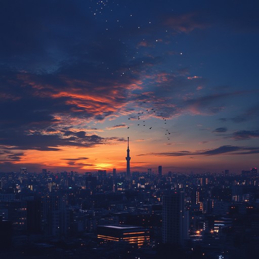 A sophisticated instrumental track featuring serene piano melodies that evoke wistful nostalgia, perfect for a tender and reflective anime scene set at twilight in tokyo. The melodies float gracefully, capturing the essence of a tranquil evening in the city, blending delicate harmonies with a touch of melancholy to create a soothing yet emotionally rich atmosphere.