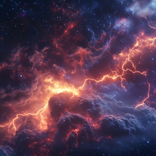 An epic rock composition featuring distorted guitar riffs and explosive percussion, evoking the power and majesty of a cosmic thunderstorm. The music takes listeners on an interstellar journey through vast soundscapes and dynamic shifts. Featuring a blend of aggressive rhythms and ethereal melodies, this track captures the awe inspiring force of nature colliding with the expansiveness of the universe, promising a sensory overload akin to witnessing a galactic tempest.