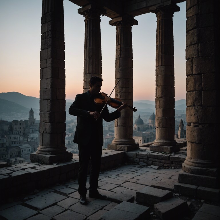 A symphonic exploration that captures the essence of monumental ruins and revered legends, told through the stirring sounds of a solo violin, conjuring images of vast, uninhabited ancient landscapes.