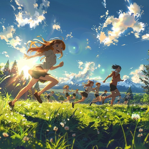 Upbeat and vibrant melody with catchy rhythms, perfect blend for an anime opening scene evoking energy and excitement. Each note paints a picture of friends embarking on cheerful, high spirited escapades under a radiant sun.