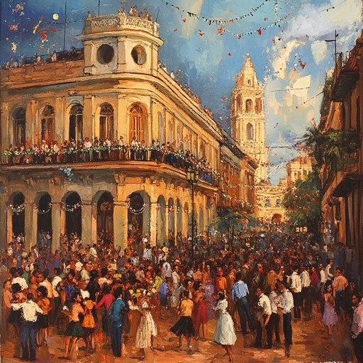 Picture a bustling havana street party with spirited guitar rhythms leading an infectious and whimsical rumba. Clapping hands and surprise musical accents fill the air, making it impossible not to dance.