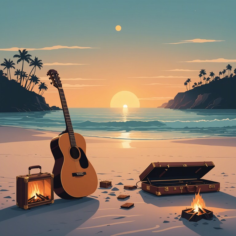 An instrumental journey where mellow acoustic guitar chords meet the rhythmic lapping of ocean waves, presenting a revival of classic folk with a twist of rock gusto, against the backdrop of a jewel toned sunset.