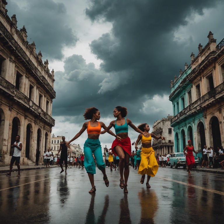 A powerful instrumental that dives deep into the heart of havana's vibrant streets, filled with forceful beats and an aura of defiance, portraying an energetic and passionate night in cuba.