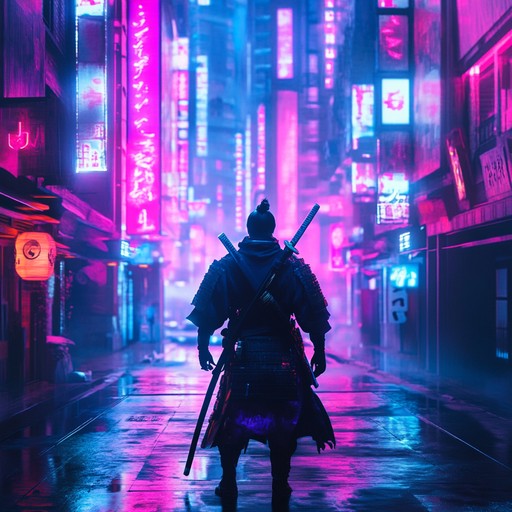 An instrumental punk track that fuses aggressive guitar riffs with traditional japanese melodies, creating a brooding atmosphere that blends cyberpunk dystopia with ancient warrior spirit, evoking a sense of rebellion and inner conflict in a futuristic urban landscape