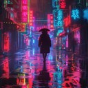 reflective vibes in a digital, neon lit future cityscape.