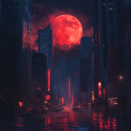 Immerse yourself in a dark synthwave track that conveys the creeping anxiety of navigating through neon lit streets, fusing ominous synth melodies with driving beats to evoke a sense of urgency and tension.