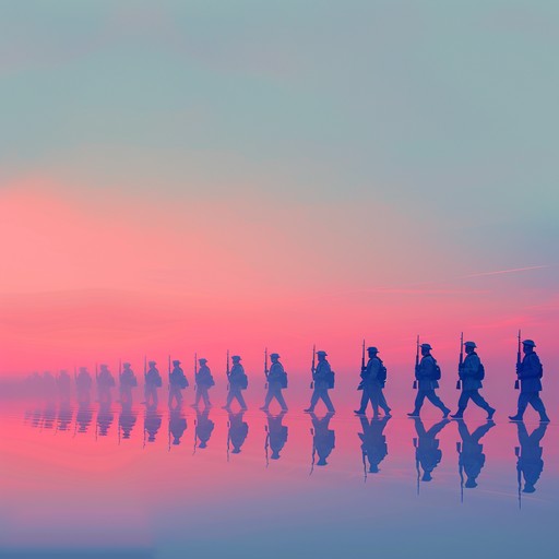 A tranquil instrumental depicting a peaceful march by soldiers returning home under the gentle glow of twilight, blending the structured precision of a military band with a serene atmosphere.