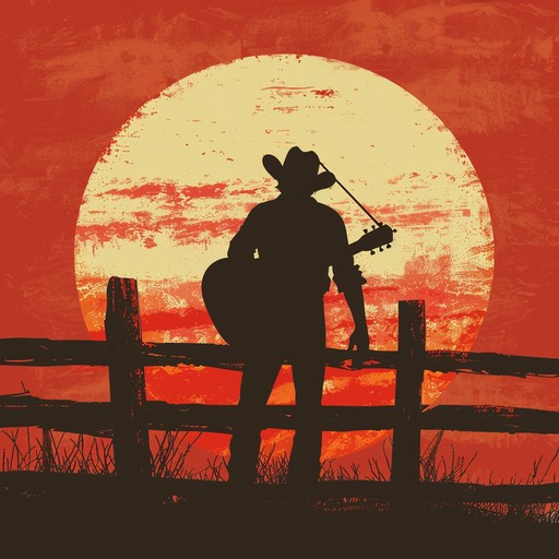 Imagine the deep orange hues of a setting sun with a solitary figure silhouetted against the fading light, guitar in hand, playing a soulful tune that echoes the untamed spirit of the old west.