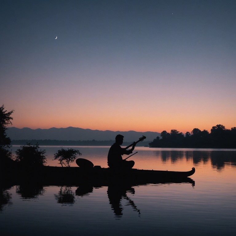 Alternative description: this composition uses the gentle and soothing tones of the sitar to mimic the soft echoes along the river, creating a mystical and calming atmosphere for introspection and relaxation.