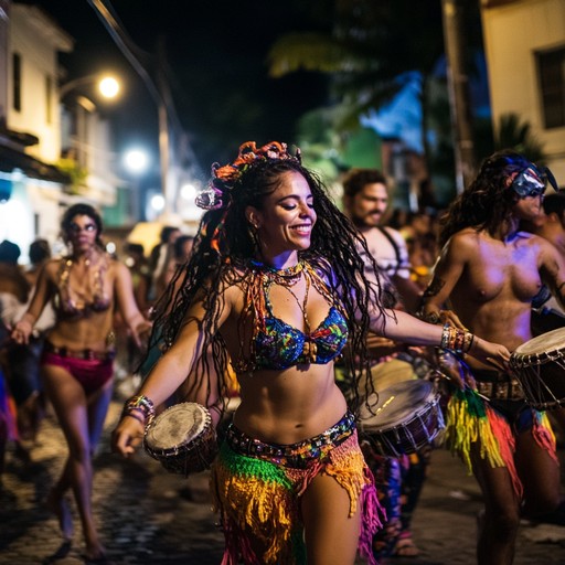 An energetic instrumental that fuses traditional brazilian samba percussion with contemporary electronic elements, creating a vibrant and danceable track that embodies the spirit of a midnight street festival.