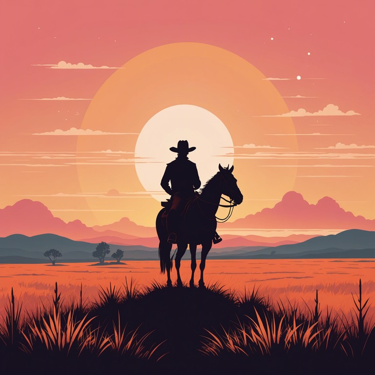 This composition captures the essence of a tranquil prairie sunset, characterized by the heartwarming strum of acoustic guitars blending with the subtle whispers of the winds. The music ebbs and flows like the gentle gradients of sunset colors streaking across the horizon, evoking a sense of peace and homecoming in the vast wilderness of the american west.