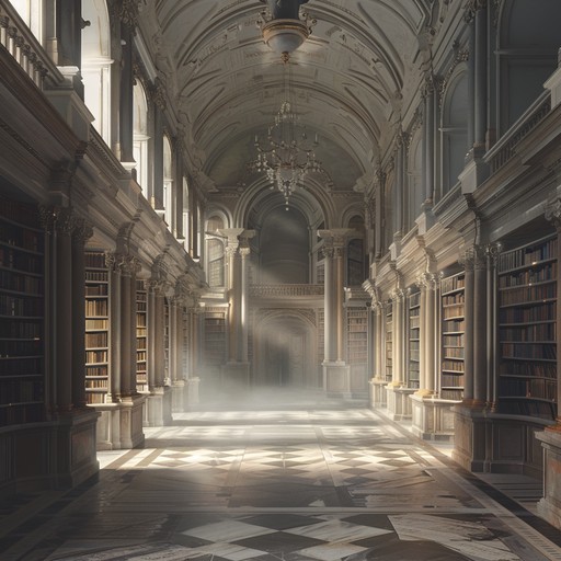 This track aims to evoke the feeling of whispering voices and rustling pages in an old, majestic library. The sound should be filled with echoes and subtle movements, guiding the listener through a serene journey of knowledge and time. It should blend tones that are both familiar and mysterious, creating a contemplative ambiance.