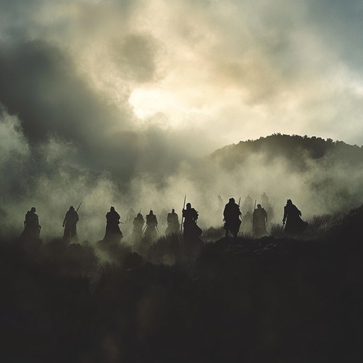 An epic journey through dark, mythical landscapes where symphonic elements blend with aggressive metal to tell a story of ancient wars and forgotten lands. The track builds with intense, layered orchestrations, featuring a climactic battle sequence expressed through thunderous drums and soaring strings, culminating in a haunting choir that echoes the tragedies of yore.