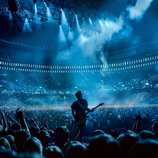 A hard hitting rock composition featuring aggressively distorted electric guitars, driving rhythms, and explosive drum beats, designed to evoke the feeling of an epic live performance at a massive arena. The track is filled with intense, blistering solos and powerful riffs that keep the energy level at its peak.