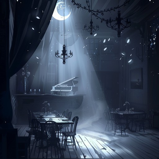 Envision an enigmatic night where shadows whisper secrets in a dreamy cabaret. The piano's ethereal notes create a nocturnal landscape, blending the surreal with the dark, evoking emotions of intrigue and wonder in a beautifully mysterious setting.