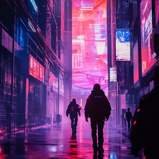 Immerse in an eerie cyberpunk soundscape with gritty synths and dark atmospheres, capturing the essence of a neon lit metropolis overshadowed by technology.