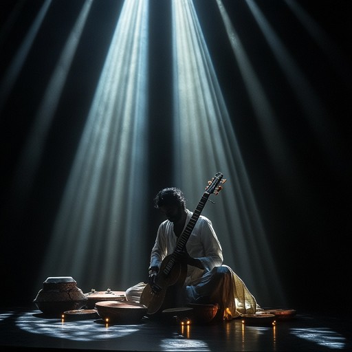 A hypnotic blend of traditional indian raga scales and electrifying rock guitar textures, creating a transcendent musical experience that evokes ancient mysticism with modern energy. Flowing sitar patterns meld seamlessly with driving electric guitar riffs and percussive tabla rhythms, resulting in an enigmatic yet captivating auditory journey.