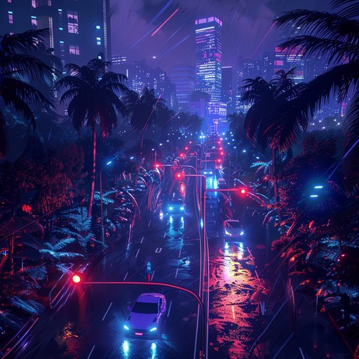 A heart racing composition featuring aggressive basslines, rapid fire percussion, and electrifying synth melodies to evoke a high stakes chase in the cityscape