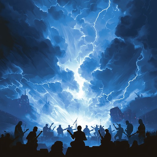 This dramatic instrumental piece begins with a powerful orchestral introduction, gradually building tension with sweeping strings and bold brass. Electric guitars join forcefully, creating a symphonic fusion that signals a clash of musical titans. Dynamic shifts carry the listener through peaks and valleys of intensity, leading to an epic, climactic conclusion.