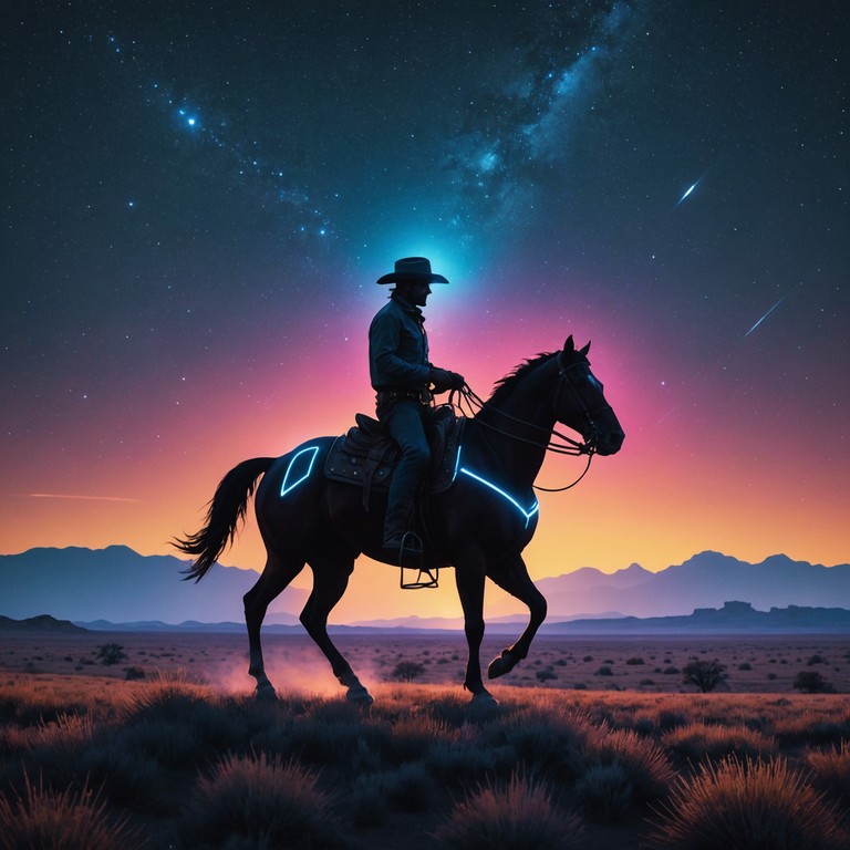 In this track, traditional country music meets the future with a powerful hybrid of acoustic guitar riffs intertwined with dynamic, space age synthesizers creating a soundscape that feels like a wagon ride across the stars. The piece tells the story of space cowboys exploring new frontiers, blending rustic melodies with futuristic vibes.