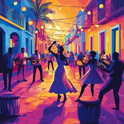 An exhilarating instrumental afro cuban track featuring dynamic percussion rhythms, lively piano melodies, and spirited horn sections, capturing the essence of a tropical celebration