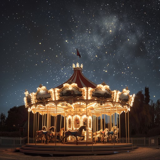 Soft, tender melodies float through a nostalgic carnival scene, merging delicate accordion play with whimsical sounds that capture the heart's quiet emotions amidst a festive backdrop. A slow, enchanting progression conveys a bittersweet feeling of time passing by against the cheerful yet calm ambiance of an old fashioned carnival.