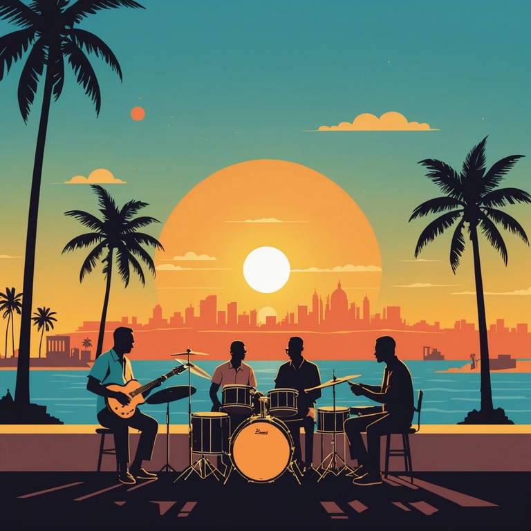 This track features a complex interplay of rhythmic percussion and emotional musical phrases typical of afro cuban music, aiming to create a vivid and immersive auditory experience that captures the essence of a vibrant sunset in havana.