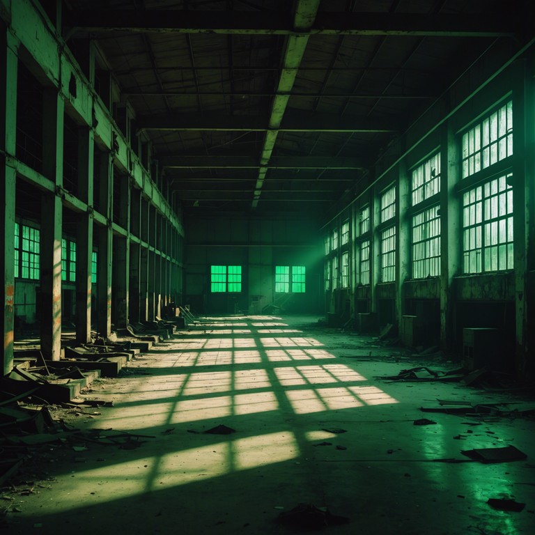 Imagine the sound of an abandoned factory where the wind carries voices from forgotten times, overlaid with rhythmic, powerful metal instrumentation creating a foreboding sense of impending doom.