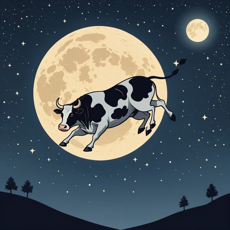 A traditional nursery rhyme transforms unexpectedly into a grand symphonic movement, illustrating the jump of a character much like the cow from 'hey diddle diddle' leaping over the moon. The narrative escalates as orchestral swells mimic the giant leaps taken in the story, providing a whimsical yet awe inspiring journey through melodies that dance between innocence and grandeur.