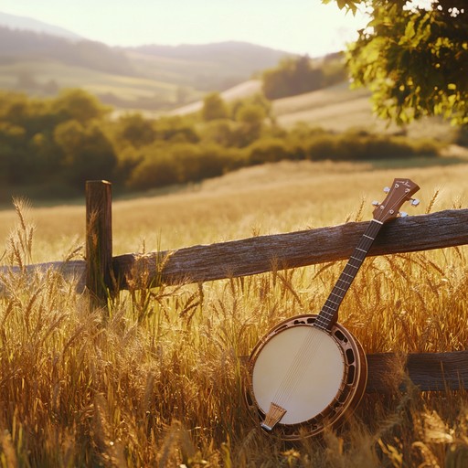 A lighthearted instrumental country piece featuring a lively banjo melody dancing over gentle acoustic guitar strums, evoking images of a carefree stroll through golden wheat fields under a bright blue sky.