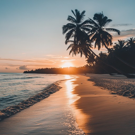 A soothing acoustic guitar composition featuring the calming sounds of ocean waves, tropical birds, and distant steel drums, creating a serene beach atmosphere perfect for unwinding and sauntering along a sandy shore at sunset