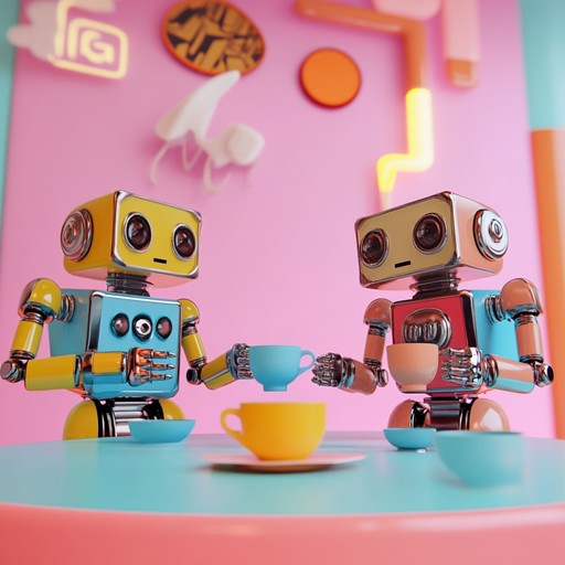 An upbeat instrumental combining quirky electronic beeps and orchestral elements to create a playful soundscape that evokes images of robots engaging in a delightful tea party, spreading euphoria and smiles