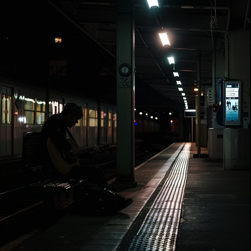 An evocative blues rock instrumental, rich with reverb heavy guitar licks, evoking the imagery of a desolate train station under a starless sky. A harmonica weaves in and out, enhancing the feeling of longing and introspection.