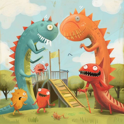 A high energy instrumental featuring pounding drums and whimsical synthesizer melodies, emulating an intense and exciting monster battle in a playground setting, perfect for engaging children's imagination.