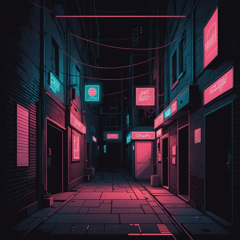 Walking through an advanced technological urban environment under the eerie glow of neon lights, where every sound seems intensified and ethereal notes of a synthesizer ripple through the dark.