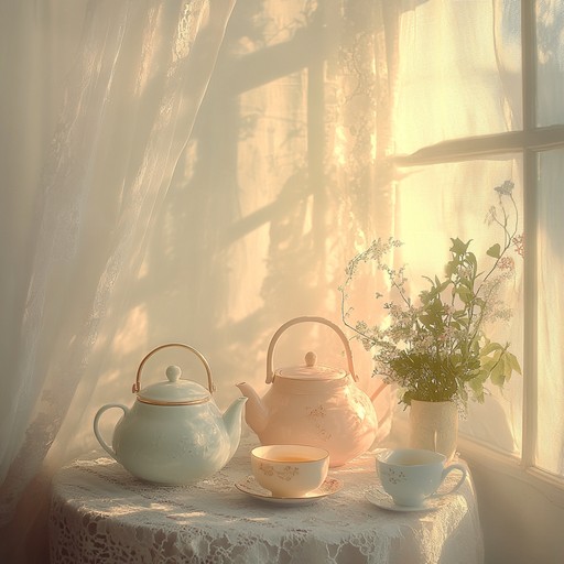 A gentle and playful instrumental piece evoking the charm of a whimsical afternoon tea party, featuring light, cheerful melodies and nostalgic touches reminiscent of simpler times. The melody flows softly like a gentle breeze, alternating between a gentle waltz and playful interludes that bring to mind the delightful clinks of teacups and the laughter of close friends. Perfect for creating a tranquil, yet joyous atmosphere.