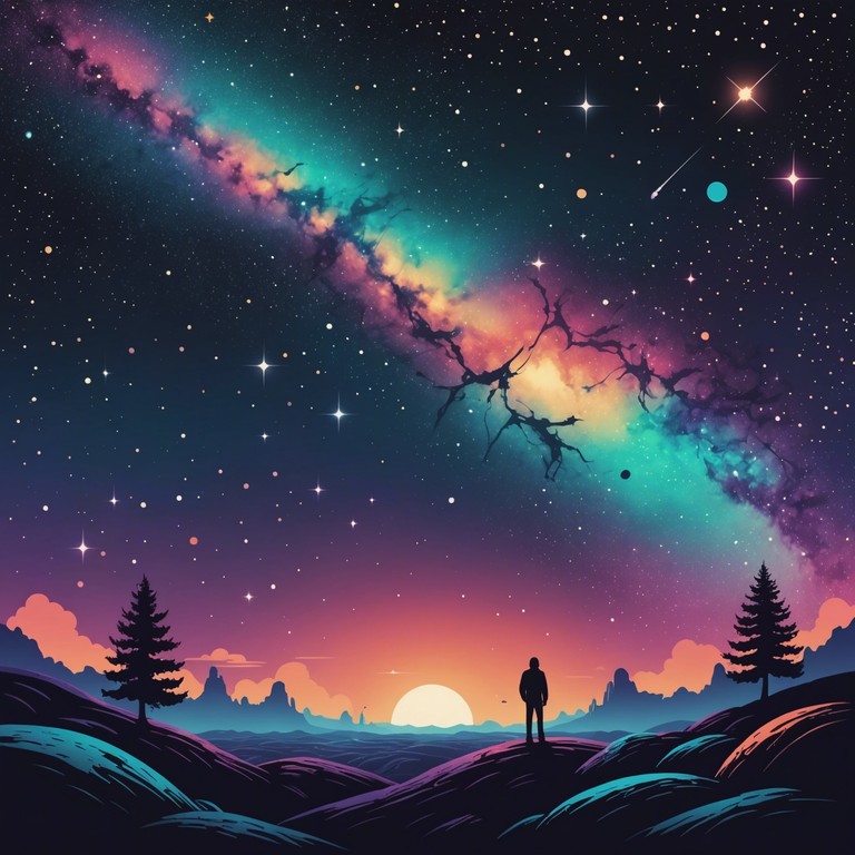 An instrumental experience that takes the listener on a playful and uplifting journey through the cosmos, emphasized by whimsical guitar riffs and an overall glamorous rock ambiance.