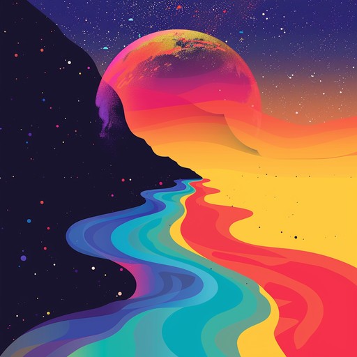 A vibrant and expansive instrumental journey that captures the awe of a cosmic dawn with energetic and lush synthesizer sounds, blending progressive rock and psychedelic prog elements, evoking a sense of euphoria and celestial exploration.