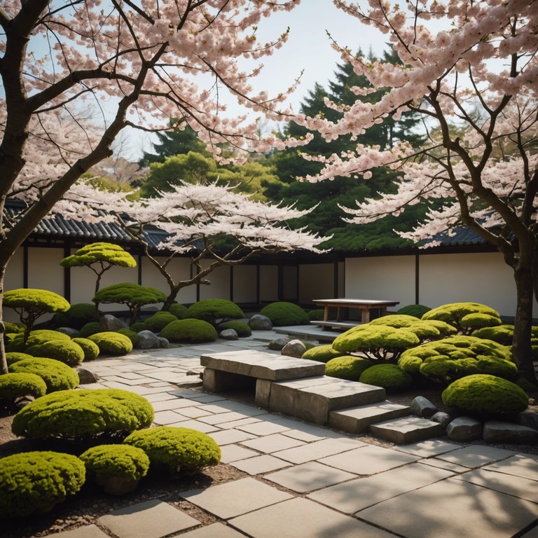 A serene, instrumental track that encapsulates the gentle flutter of sakura petals descending in a quiet, mythical japanese garden. The music carries with it the peace of early spring mornings, promising renewal and tranquility. Melodies play subtly, enhancing the sensation of a soothing breeze and soft sunlight peeking through the trees.