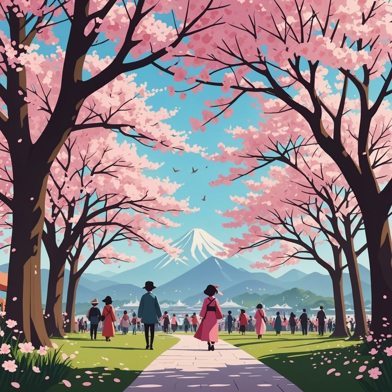 Transport yourself to a vibrant fantasy where cherry blossoms create a magical carpet underfoot, and every note of the flute amplifies the beauty and energetic pulse of a joyful, animated springtime festival.