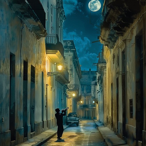 A reflective and emotional journey through havana's midnight streets, where a solitary trumpet reminisces over past loves and life’s regrets, wrapped in a blanket of somber latin jazz harmonies