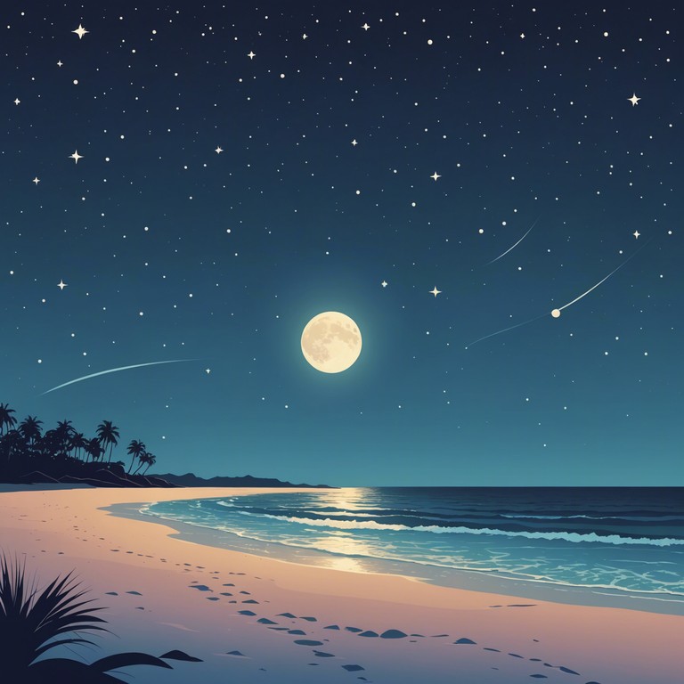 Imagine a gentle, ethereal bossa nova melody playing as you walk along a moonlit beach. The soft rhythms combine with the sound of the waves, creating a soothing, dreamlike atmosphere. The music sways like the palm trees in the gentle night breeze, enveloping you in a blanket of tranquility and beauty.