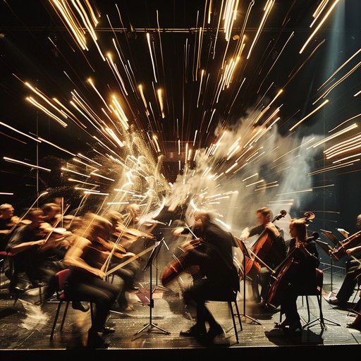 Experience an exhilarating journey with a thrilling orchestral arrangement that skillfully builds up tension and excitement, reaching a powerful and dramatic peak marked by soaring strings and resonant brass