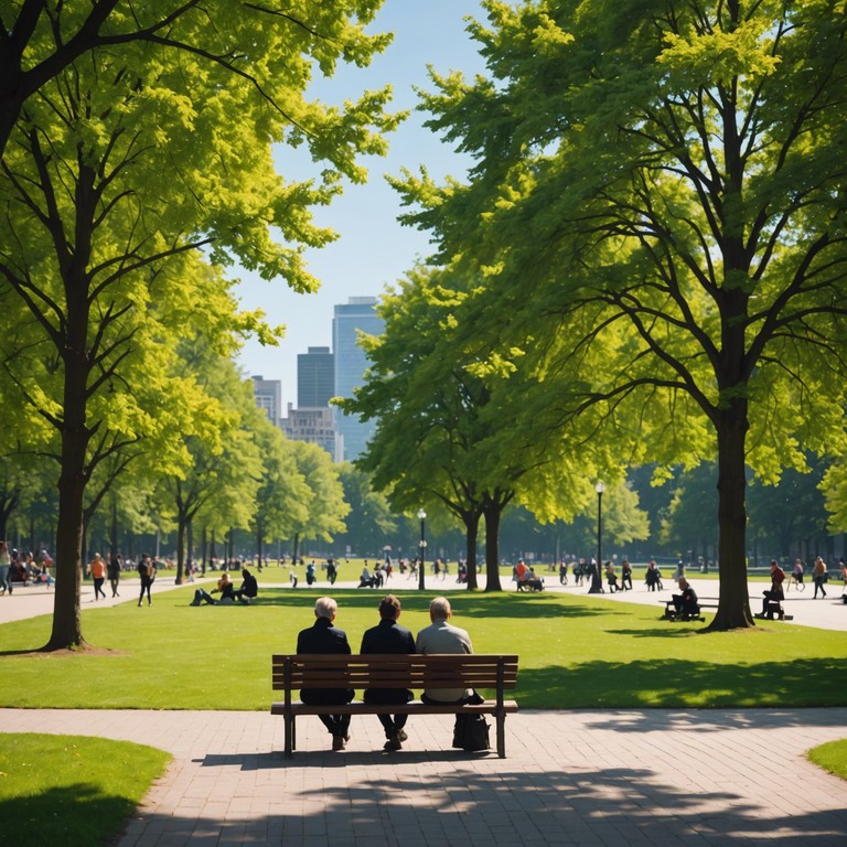 Imagine a bright, clear day with sunlight filtering through leaves, sounds echoing the mood of a light hearted sunday stroll through the city park. This music features a soft electronic piano weaving intricate harmonies over laid back trip hop beats, perfect for inducing a state of cheerful relaxation.