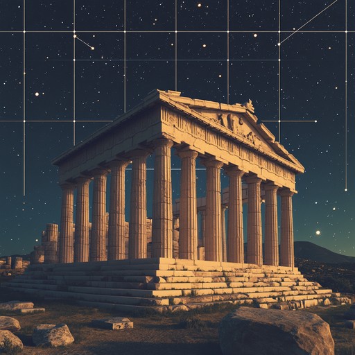 An immersive musical journey blending traditional greek lyre melodies with cutting edge electronic beats, conveying the sense of traveling through different ages. The composition captures the essence of ancient wisdom fused with modern innovation, creating a bridge between the past and the future.