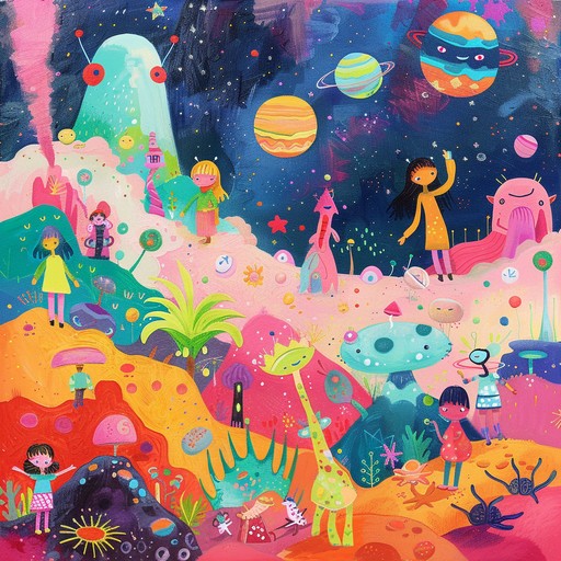 An instrumental track with playful synthetic sounds and vibrant beats designed to transport children into imaginative adventures across the universe. Utilizing whimsical melodies, the song evokes a sense of wonder, excitement, and exploration. Perfect for fostering creativity and joy during playtime.