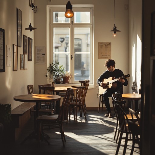 This track features the soothing sounds of an acoustic guitar that fills a bustling café with calm and warmth during a busy morning. The gentle picking and strumming blend into the sounds of steam and conversation, ideal for setting a relaxed, intimate atmosphere.