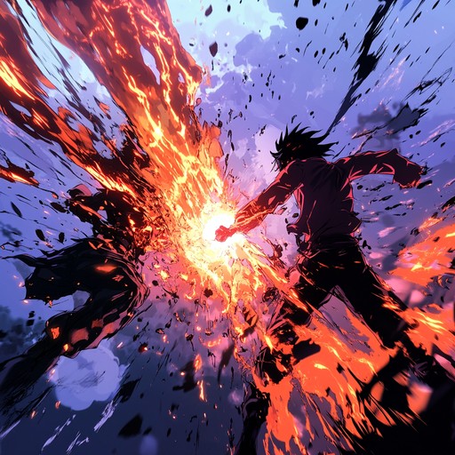 A heart pounding orchestral piece featuring thundering drums, powerful brass, and soaring strings, evoking grand battles and epic triumphs seen in anime showdowns. Every crescendo and dynamic shift heightens the sense of urgency and heroism, making listeners feel like they're part of an unforgettable battle sequence.